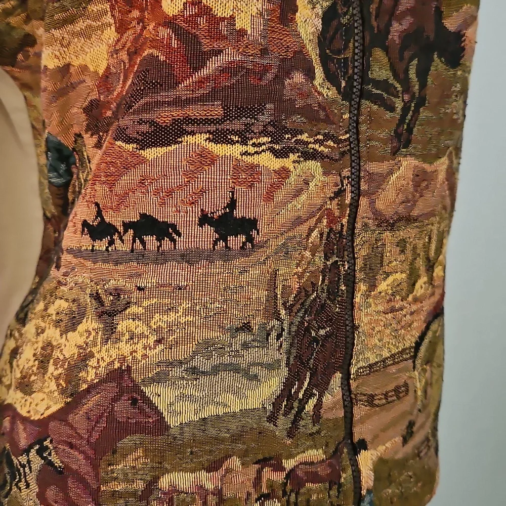 Vtg SADDLE RIDGE 1980s Western Equestrian Horse Tapestry Zipper Vest - Picture 5 of 11